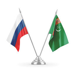 Turkmenistan and Russia table flags isolated on white 3D rendering