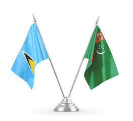 Turkmenistan and Saint Lucia table flags isolated on white 3D rendering