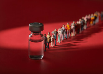 People waiting in line for Covid 19 Vaccine Vaccination Conceptual Still life with miniature people and medicine vial   Shadows of people shows diversity in age and race.
