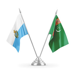 Turkmenistan and San Marino table flags isolated on white 3D rendering