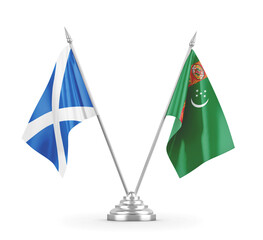 Turkmenistan and Scotland table flags isolated on white 3D rendering