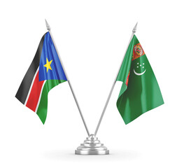 Turkmenistan and South Sudan table flags isolated on white 3D rendering