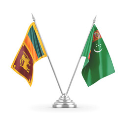Turkmenistan and Sri Lanka table flags isolated on white 3D rendering