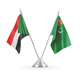 Turkmenistan and Sudan table flags isolated on white 3D rendering