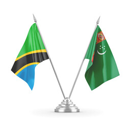 Turkmenistan and Tanzania table flags isolated on white 3D rendering