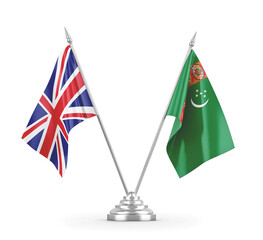 Turkmenistan and United Kingdom table flags isolated on white 3D rendering