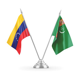 Turkmenistan and Venezuela table flags isolated on white 3D rendering