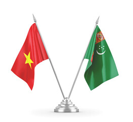 Turkmenistan and Vietnam table flags isolated on white 3D rendering