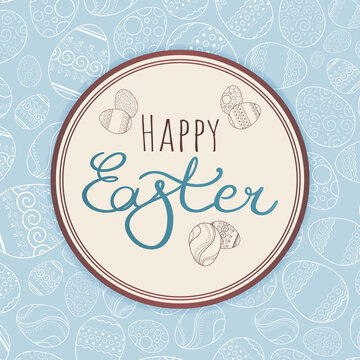 Vector banner with many Easter eggs on a blue background. Happy easter. Round frame with place for text. Greeting card in delicate pastel colors. Artwork for the design of cards, posters, invitations.