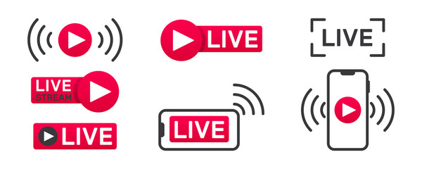 Collection of live streaming icons. Buttons for broadcasting, livestream or online stream. Template for tv, online channel, live breaking news, social media