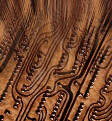 stylized computer circuit boards shapes patterns and designs in red on a black background