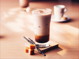 Iced Latte Macchiato Caramel with caramel candy on a table