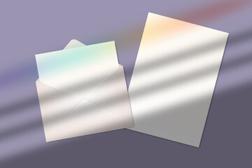 Realistic blank a4 paper sheet and letter in envelope with shadow overlay effect with rainbow lens flare. Transparent soft shadow with sunlight from blinds on window. Vector mockup illustration