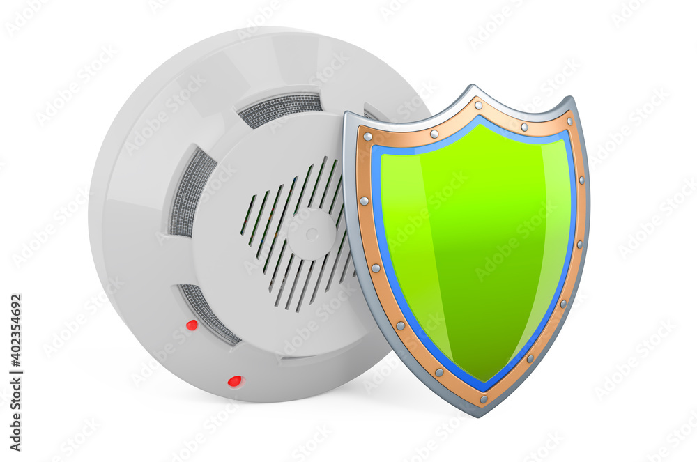Poster fire and flame detector with shield, 3d rendering
