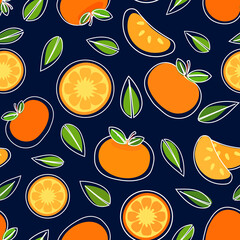 Tangerine and leaves, white outline orange colored cartoon vector illustration over dark blue background, seamless pattern	
