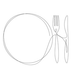 Plate and fork knife line drawing, vector illustration