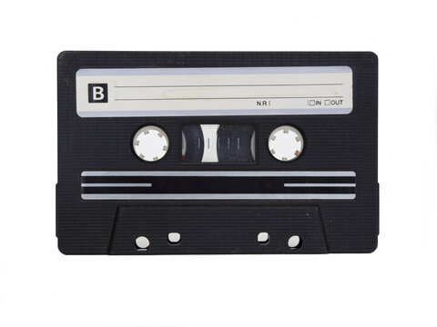 An unmarked, black analog cassette tape is shown on its B side, in a closeup view and isolated against a white background.