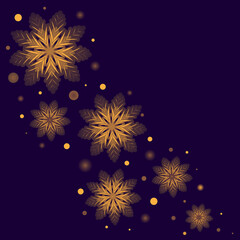 Greeting card design with glowing golden snowflakes on dark blue background. Winter holidays banner, celebrations poster template. Jpeg illustration