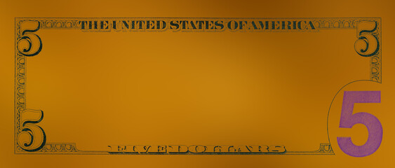5 dollar bill back side with empty middle area on golden background for design purpose