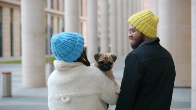 Back view of diverse man and woman going with dog down the street