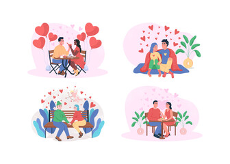 Valentine day 2D vector web banner, poster set. Romantic dinner. Boyfriend and girlfriend. Dating flat characters on cartoon background. Happy couple printable patch, colorful web element collection