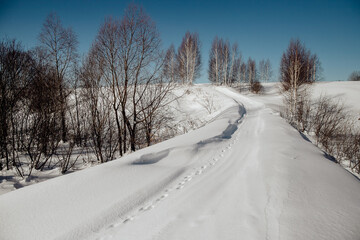 Fototapeta premium snow-covered road in the winter forest, a lot of snow on the road, tracks in the snow on the road, winter sunny day, nature of russia, Russian winter