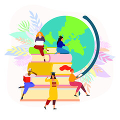 A group of girls sitting on a large book. The girl looks at the globe. The girl in the graduate hat shows a thumbs up. The concept of education, online education, reading books, getting new knowledge