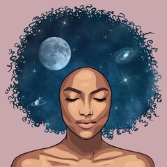 Illustrated portrait of a woman with an background with space in hair