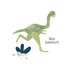 Funny green velociraptor. Childish print. Vector hand drawn illustration.