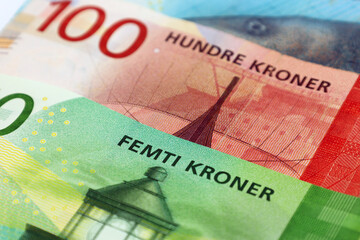 Drammen, Norway - December 29 2020: Norwegian currency notes of 50 kroner and 100 kroner...