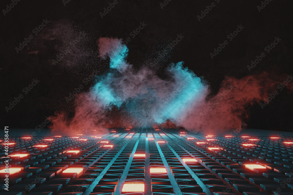 Poster 3d rendering of neon push button background with colorful smoke