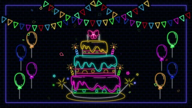 big cake neon lights happy birthday concept animation footage,colorful flags and balloons,glowing cake and giftboxes,color change effect,cake with candles and sparkles,birthday wallpaper