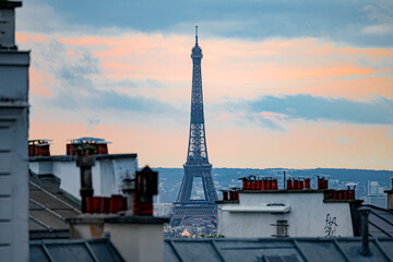 Fototapeta na wymiar Tejados de París con vistas a la Torre Eifield de fondo durante el atardecer