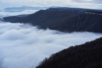 Low clouds, view of winter forest and mountains from observation deck, horizontal picture of amazing natural phenomenon. Beautiful unreal panoramic view of mountains in clouds.