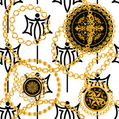 Seamless pattern decorated with precious stones, gold chains and pearls.	