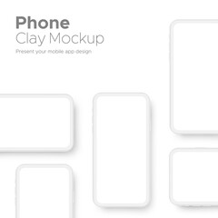 Clay Smartphones Mockups for Showcase Mobile App Design, Isolated on White Background. Vector Illustration
