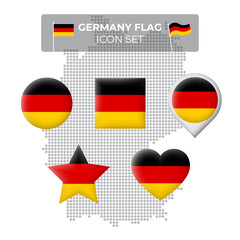 Germany flag icons set in the shape of square, heart, circle, stars and pointer, map marker. Germany mosaic map. German tricolor. Vector symbol, icon, button