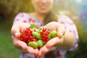 Young woman holding mixed berries in her hand.