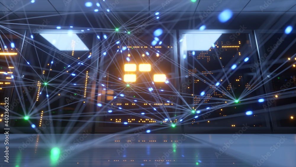 Aufkleber digital information travels through fiber optic cables through the network and data servers behind g