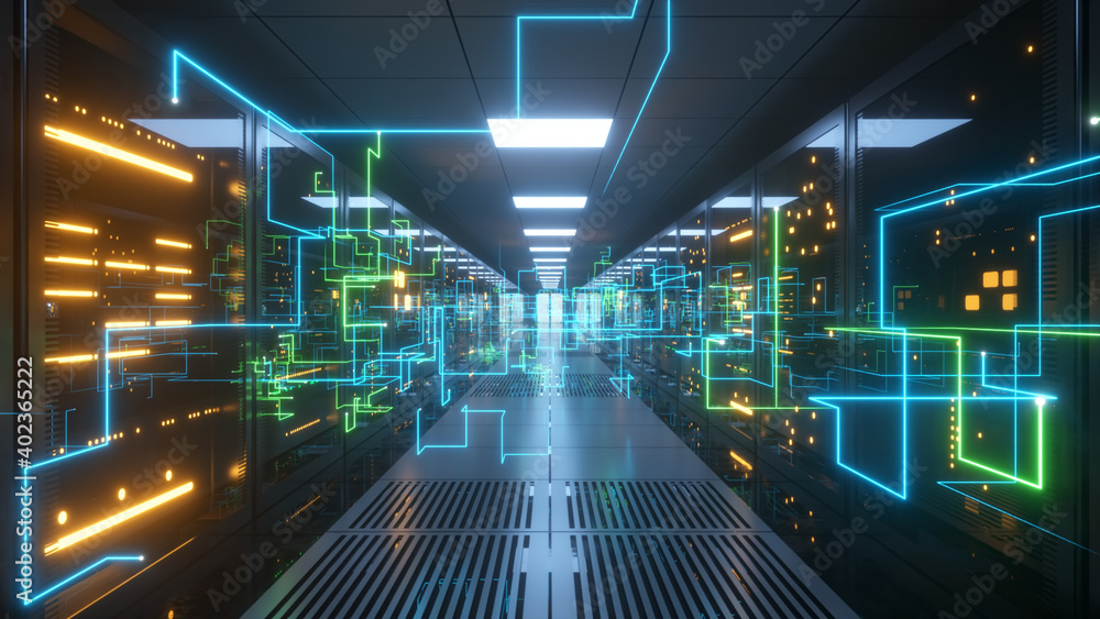 Aufkleber digital information travels through fiber optic cables through the network and data servers behind g
