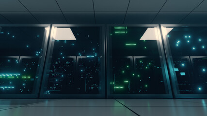 Networked and data servers behind glass panels in a server room. The camera moves on a trolley in the center of the network and data processing. Powerful servers. High quality 3d illustration