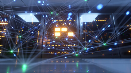 Obraz na płótnie Canvas Digital information travels through fiber optic cables through the network and data servers behind glass panels in the server room of the data center. High speed digital lines 3d illustration