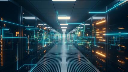 Digital information travels through fiber optic cables through the network and data servers behind glass panels in the server room of the data center. High speed digital lines 3d illustration - obrazy, fototapety, plakaty