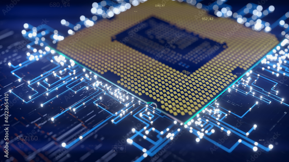 Poster a computer processor with millions of connections and signals. technology cpu background. pulses and