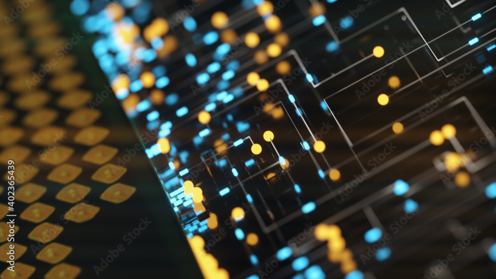 Poster a computer processor with millions of connections and signals. technology cpu background. pulses and