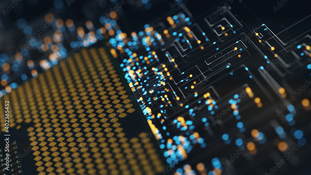 Poster a computer processor with millions of connections and signals. technology cpu background. pulses and