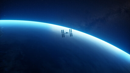 International Space Station ISS orbiting over planet Earth in outer space. Millions of stars and the milky way. 3d illustration