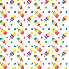 Hand drawn ice cream watercolor seamless pattern on white background with color balls, spheres.
