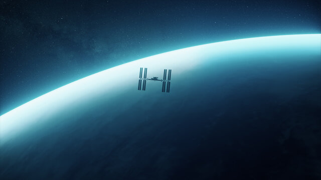 International Space Station ISS orbiting over planet Earth in outer space. Millions of stars and the milky way. 3d illustration