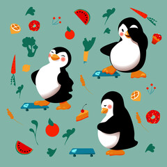 Cartoon penguin set who check their weight and got different results and feelings from anxiety to proud. The main thing is to be comfortable in any state and shape. Vector illustration.